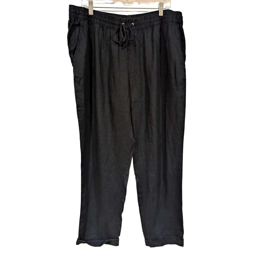 H&M Linen Blend‎ Drawstring Waist Pants Navy Blue Size XL TG XG
